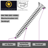 schraubenpost.de® | Blechschrauben mit Senkkopf und Innensechsrund TX | Form C (mit Spitze) - 4,8x50 mm (50 Stück) | DIN 7982 / ISO 14586 | Edelstahl A2 V2A | TORX